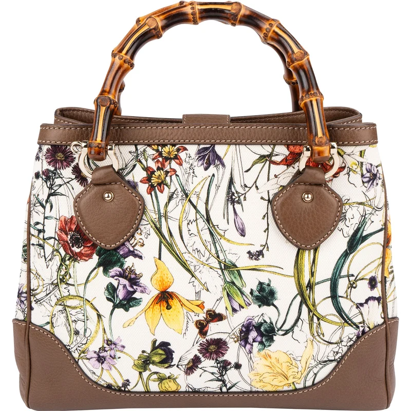 Gucci Floral Canvas Bamboo Handle Handbag