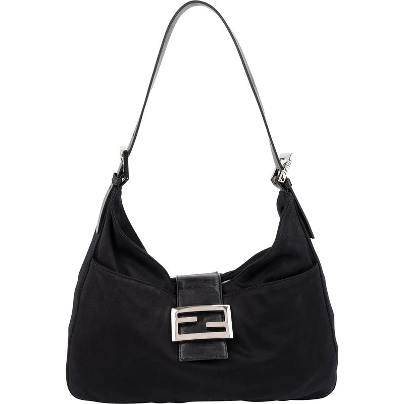 Fendi Black Cotton Baguette Buckel Shoulder Bag