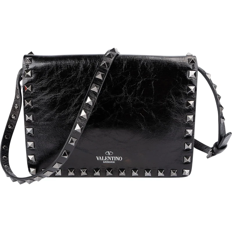 Valentino Garavani Black Line Crinkled Shine Leather Rockstud Flap Crossbody Bag