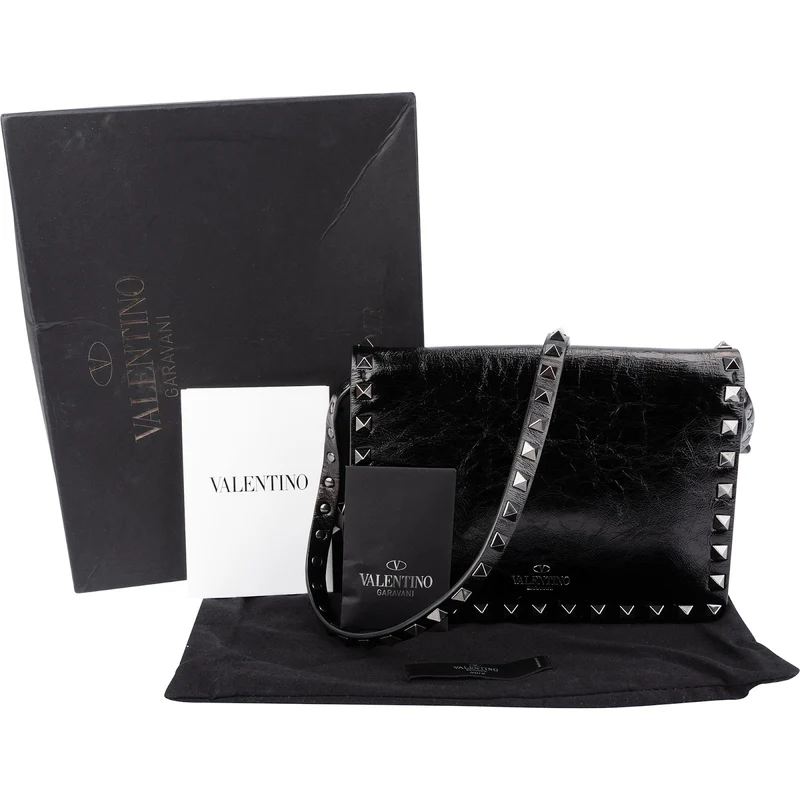 Valentino Garavani Black Line Crinkled Shine Leather Rockstud Flap Crossbody Bag