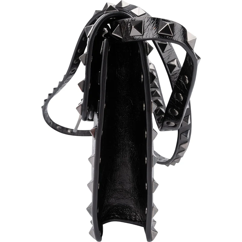 Valentino Garavani Black Line Crinkled Shine Leather Rockstud Flap Crossbody Bag