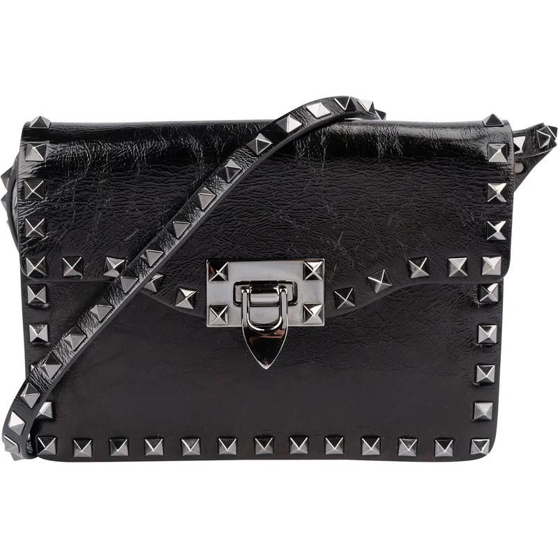 Valentino Garavani Black Line Crinkled Shine Leather Rockstud Flap Crossbody Bag