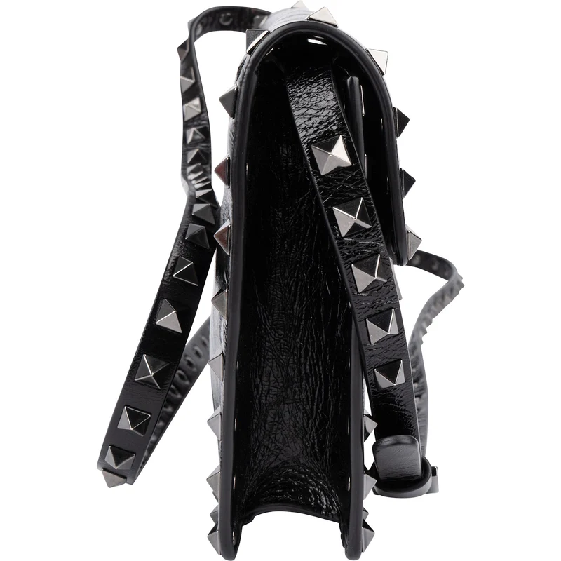 Valentino Garavani Black Line Crinkled Shine Leather Rockstud Flap Crossbody Bag