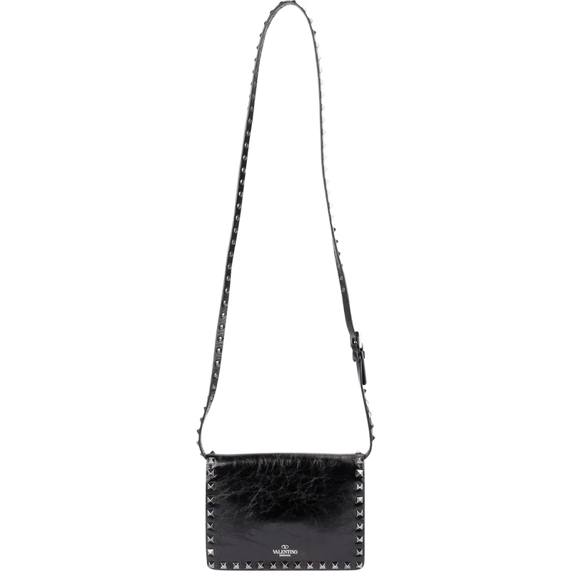 Valentino Garavani Black Line Crinkled Shine Leather Rockstud Flap Crossbody Bag