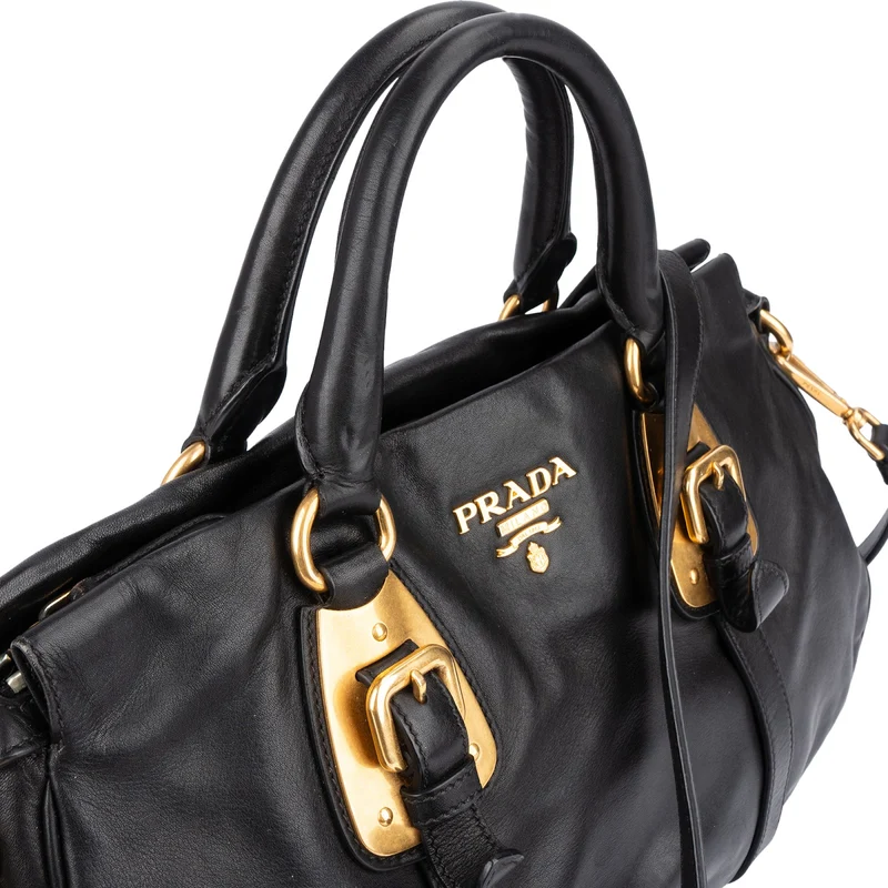Prada Black Soft Calfskin Buckle Satchel Handbag