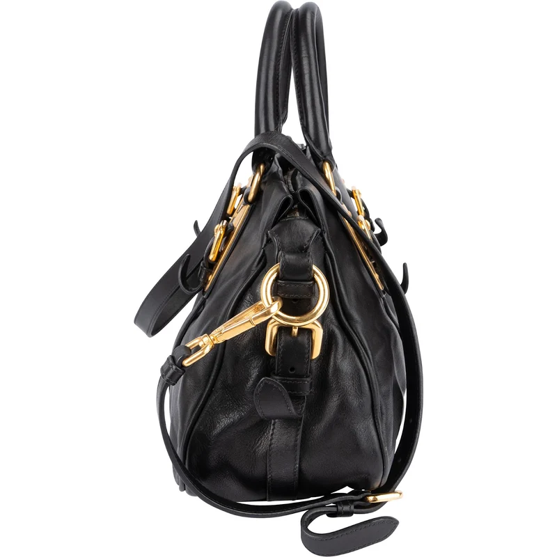 Prada Black Soft Calfskin Buckle Satchel Handbag