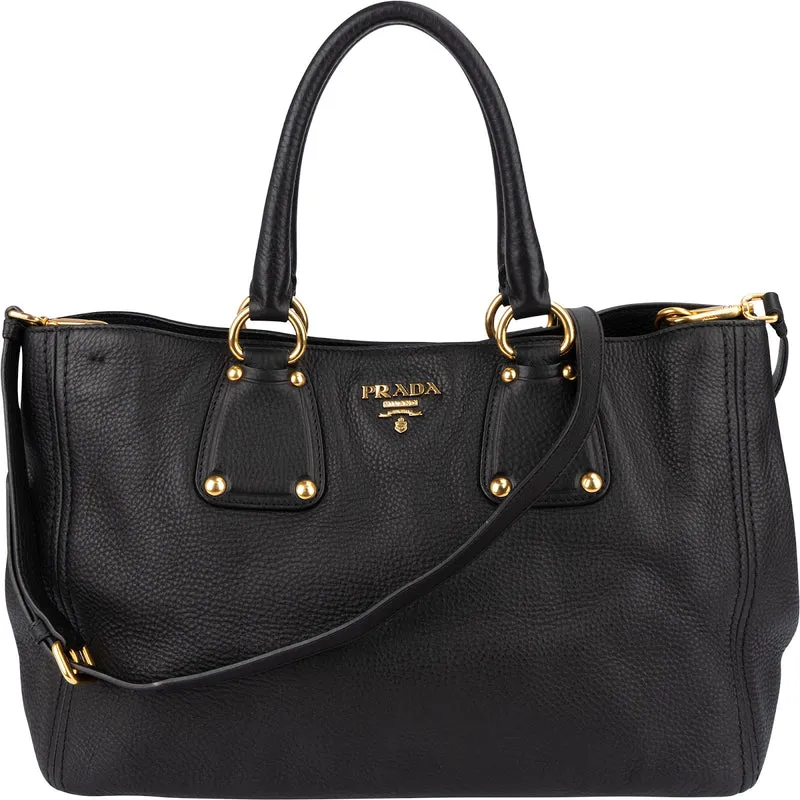 Prada Black Vitello Daino Leather Tote Handbag