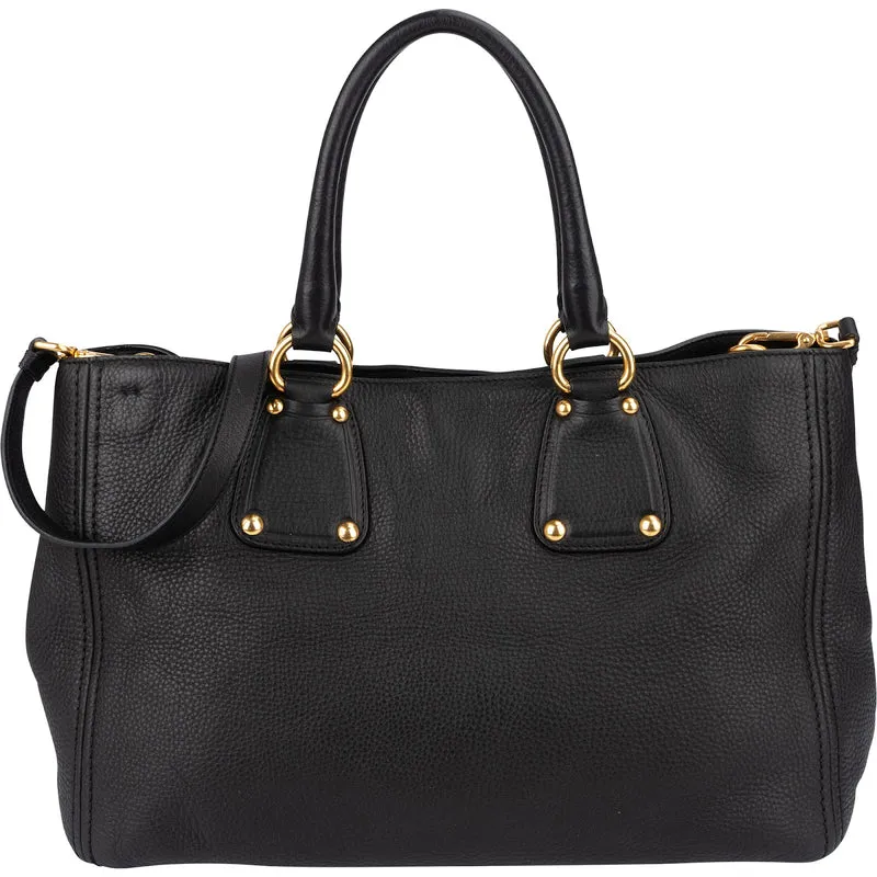 Prada Black Vitello Daino Leather Tote Handbag