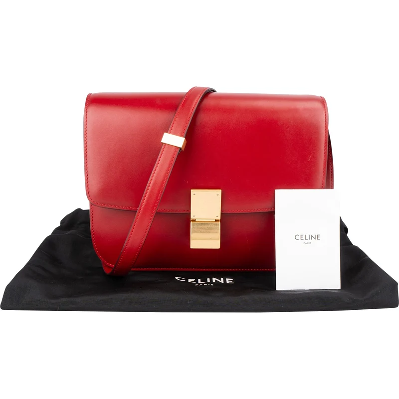 Céline Red Calfskin Classic Box Medium Crossbody Bag