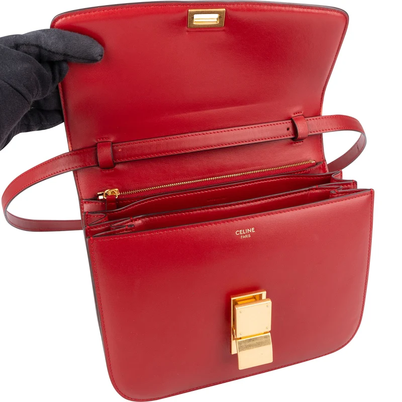 Céline Red Calfskin Classic Box Medium Crossbody Bag