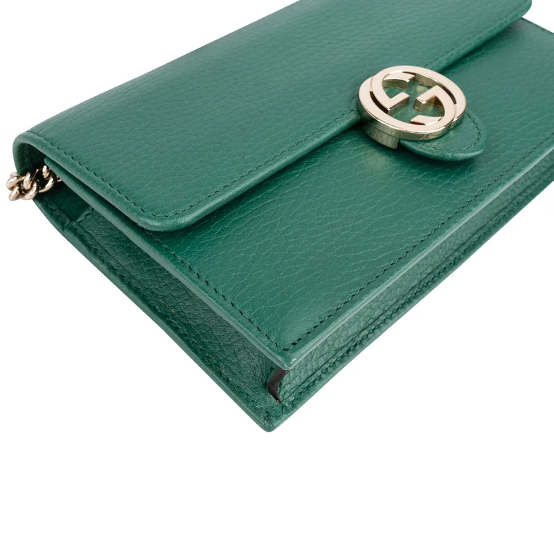 Gucci Pebbled Leather Interlocking GG Wallet On Chain Crossbody Bag