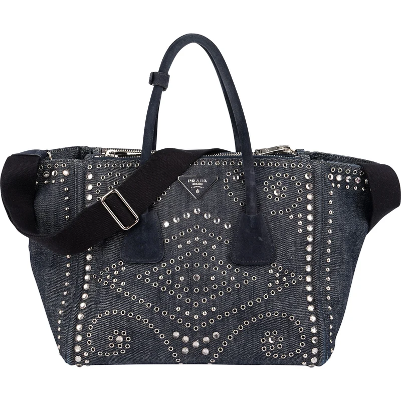Prada Studded Perforated Denim Suede Handle Shopper Handbag