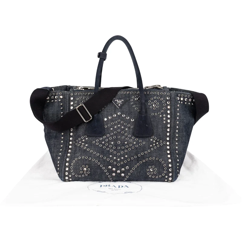 Prada Studded Perforated Denim Suede Handle Shopper Handbag