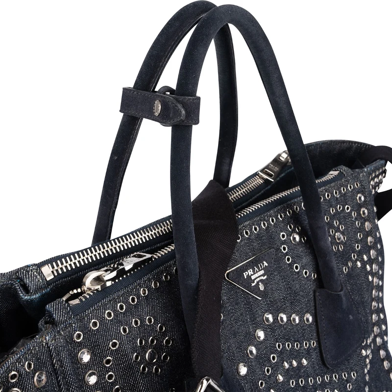 Prada Studded Perforated Denim Suede Handle Shopper Handbag
