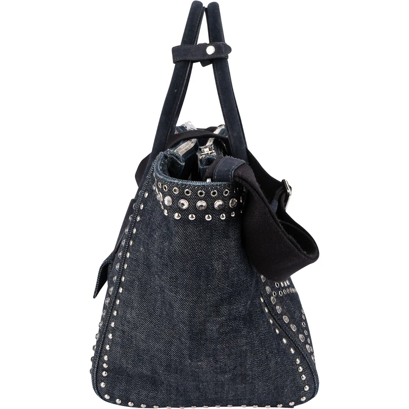 Prada Studded Perforated Denim Suede Handle Shopper Handbag