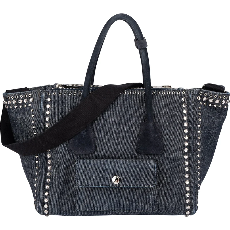 Prada Studded Perforated Denim Suede Handle Shopper Handbag