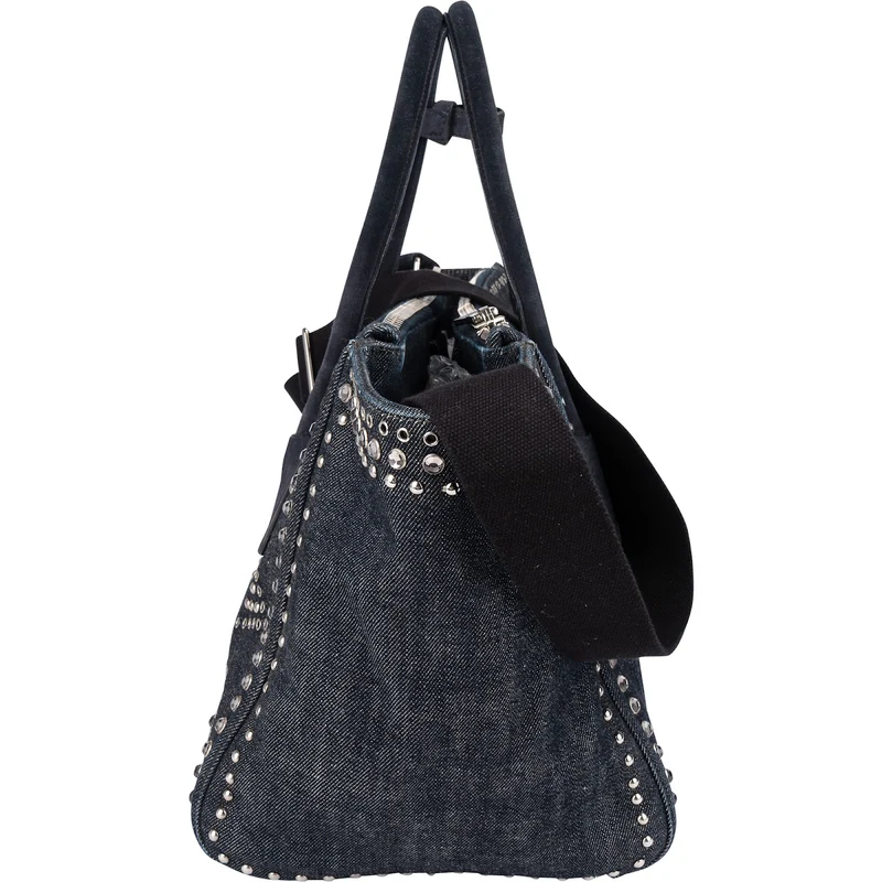 Prada Studded Perforated Denim Suede Handle Shopper Handbag