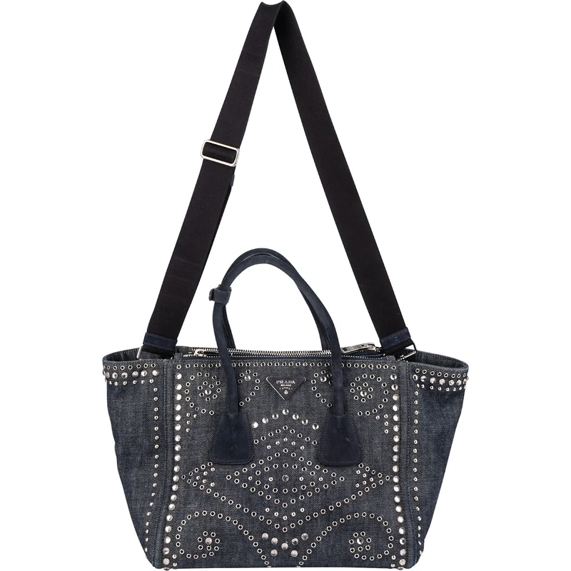 Prada Studded Perforated Denim Suede Handle Shopper Handbag
