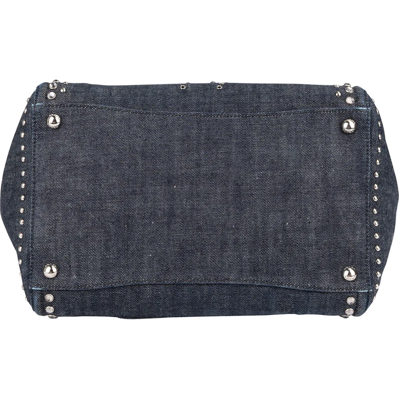 Prada Studded Perforated Denim Suede Handle Shopper Handbag