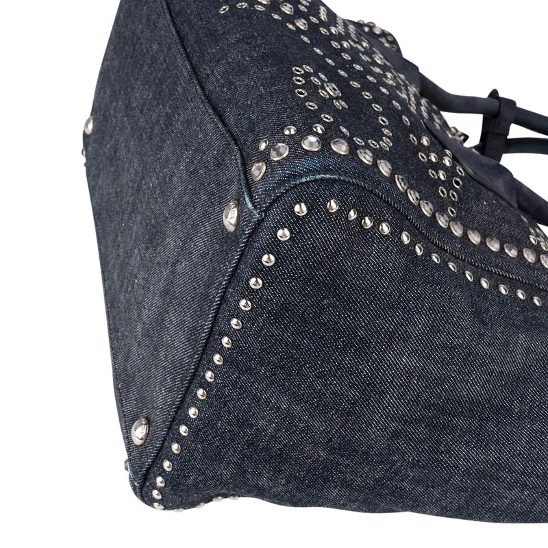 Prada Studded Perforated Denim Suede Handle Shopper Handbag