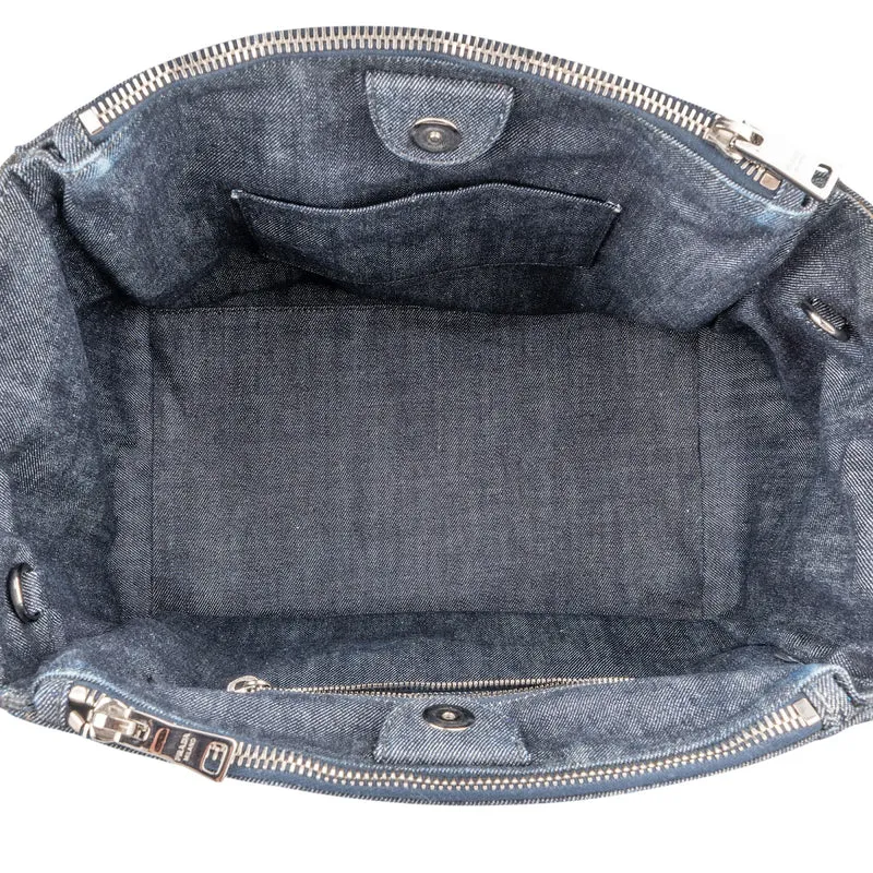 Prada Studded Perforated Denim Suede Handle Shopper Handbag