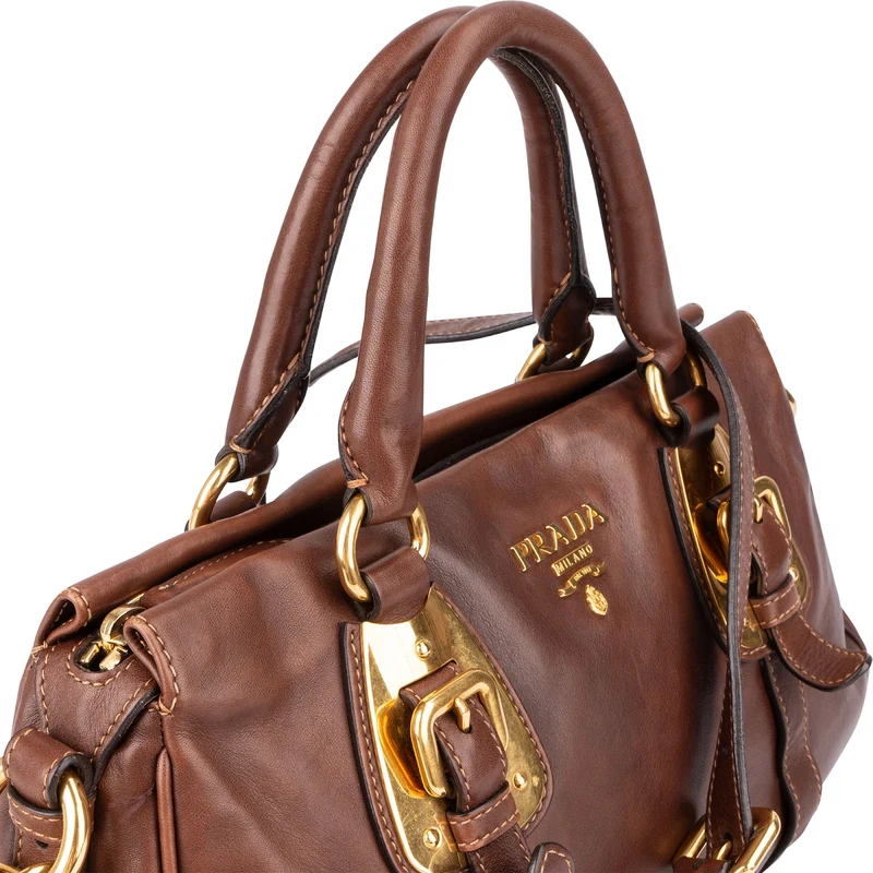 Prada Brown Calfskin Bowler Satchel Handbag