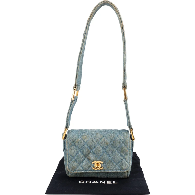 Chanel Iconic Quilted Denim 24K Gold Single Flap Runaway Shoulder Bag