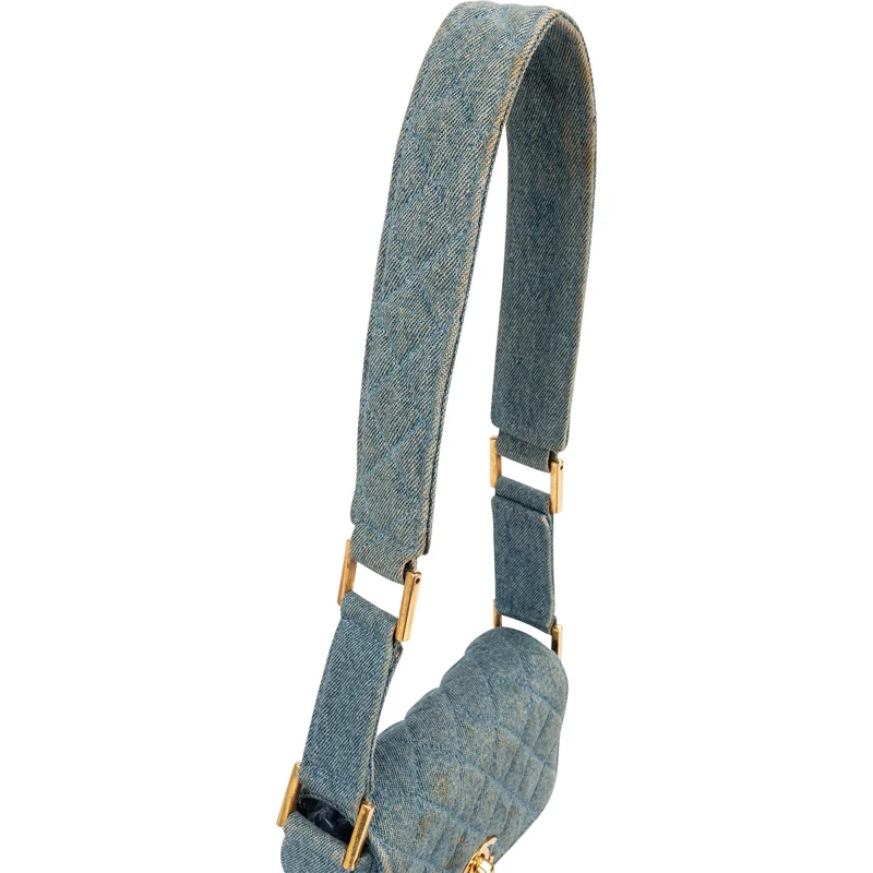 Chanel Iconic Quilted Denim 24K Gold Single Flap Runaway Shoulder Bag