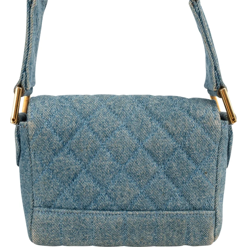 Chanel Iconic Quilted Denim 24K Gold Single Flap Runaway Shoulder Bag
