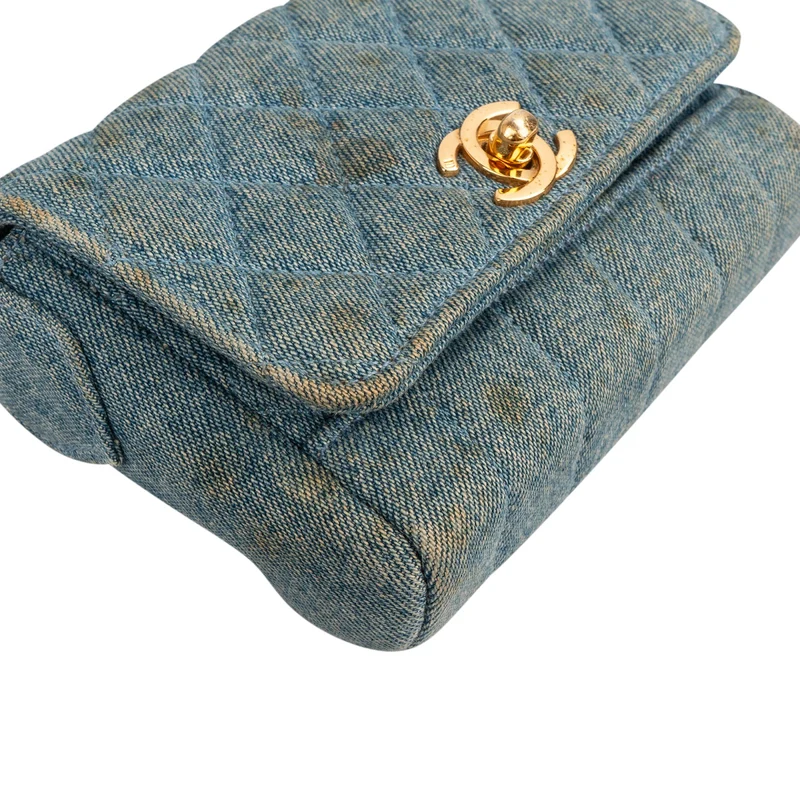 Chanel Iconic Quilted Denim 24K Gold Single Flap Runaway Shoulder Bag