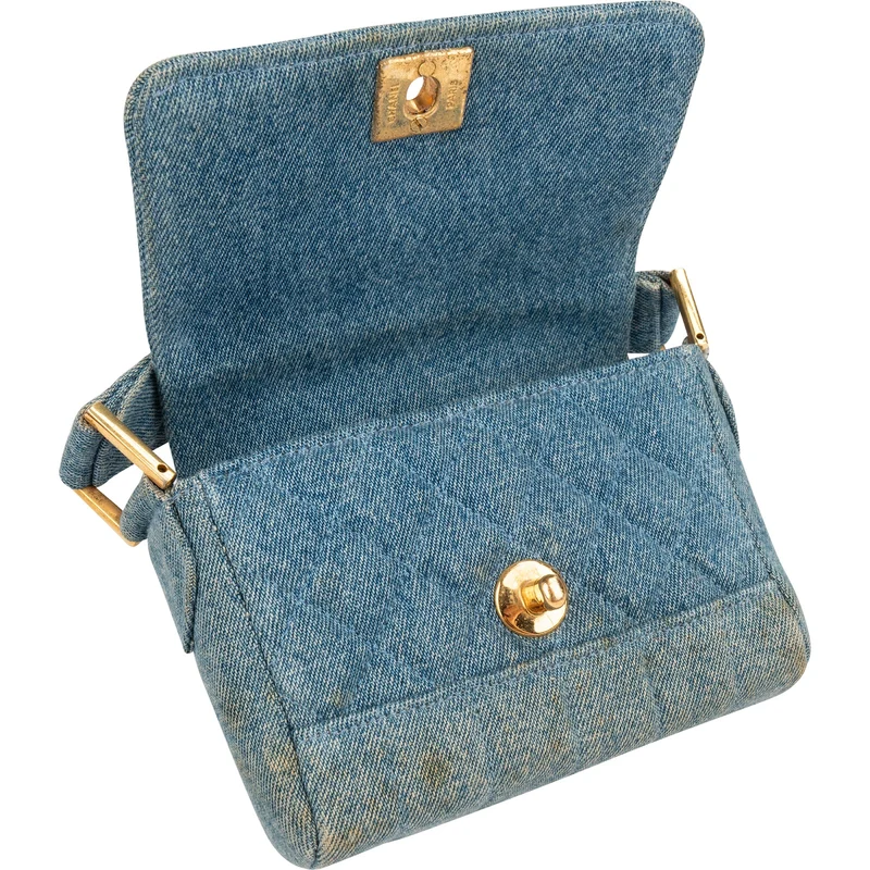 Chanel Iconic Quilted Denim 24K Gold Single Flap Runaway Shoulder Bag