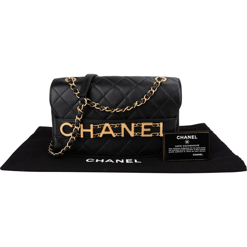 Chanel Quilted Lambskin Chain Spellout Letters Single Flap Crossbody Bag