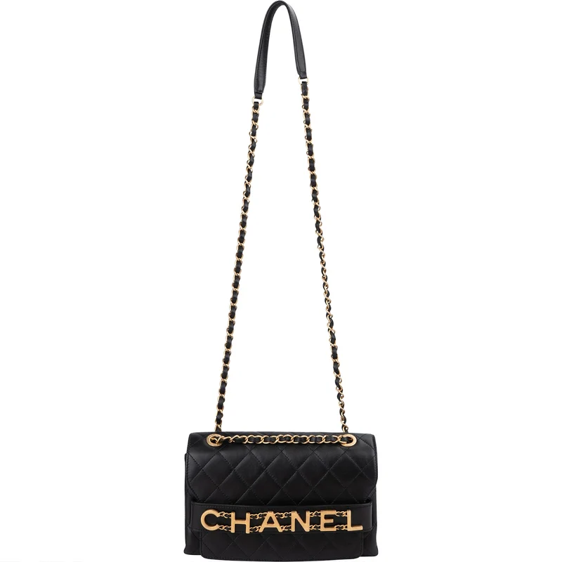 Chanel Quilted Lambskin Chain Spellout Letters Single Flap Crossbody Bag