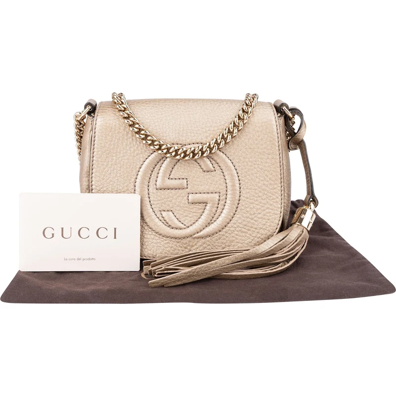 Gucci Pebbled Metallic Leather Soho Mini Saddle Chain Crossbody Bag