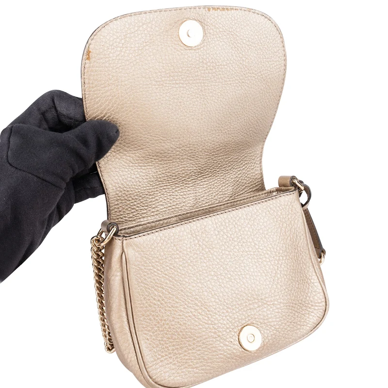 Gucci Pebbled Metallic Leather Soho Mini Saddle Chain Crossbody Bag