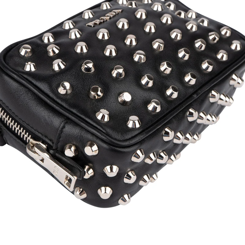 Prada Studded Soft Calf Leather Mini Camera Crossbody Bag