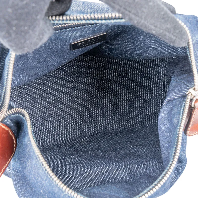 Prada Blue Denim Brown Leather D-Ring Shoulder Bag