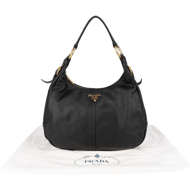 Prada Black Calfskin Leather Hobo Shoulder Bag