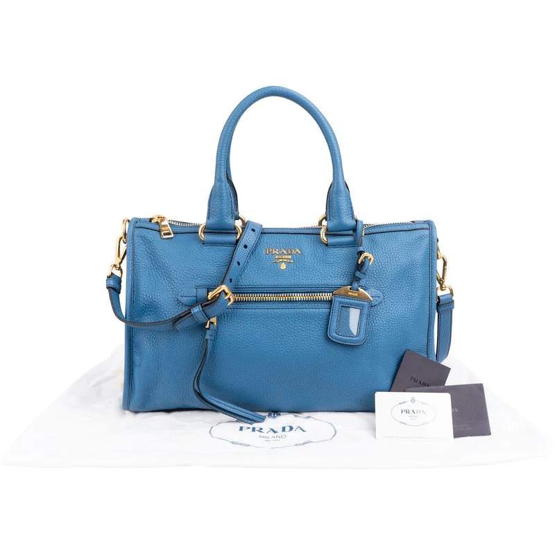 Prada Blue Leather Vitello Daino Satchel Handbag
