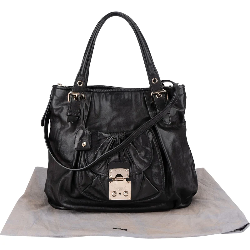 Miu Miu Noir Calfskin Coffer Pocket Tote Shoulder Bag