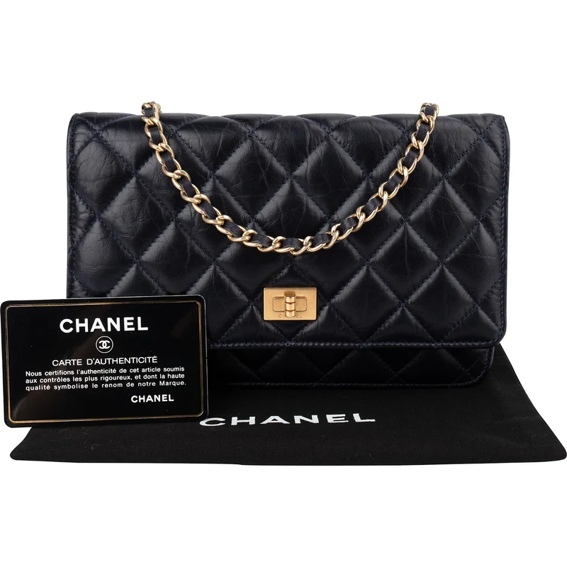 Chanel Quilted Crinkled Navy Lambskin 2.55 Reissue Wallet On Chain Crossbody Bag