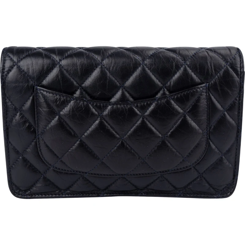 Chanel Quilted Crinkled Navy Lambskin 2.55 Reissue Wallet On Chain Crossbody Bag