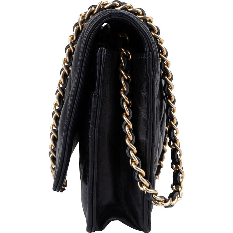 Chanel Quilted Crinkled Navy Lambskin 2.55 Reissue Wallet On Chain Crossbody Bag