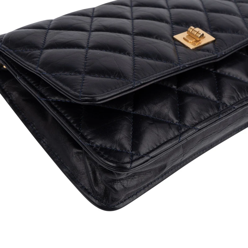 Chanel Quilted Crinkled Navy Lambskin 2.55 Reissue Wallet On Chain Crossbody Bag