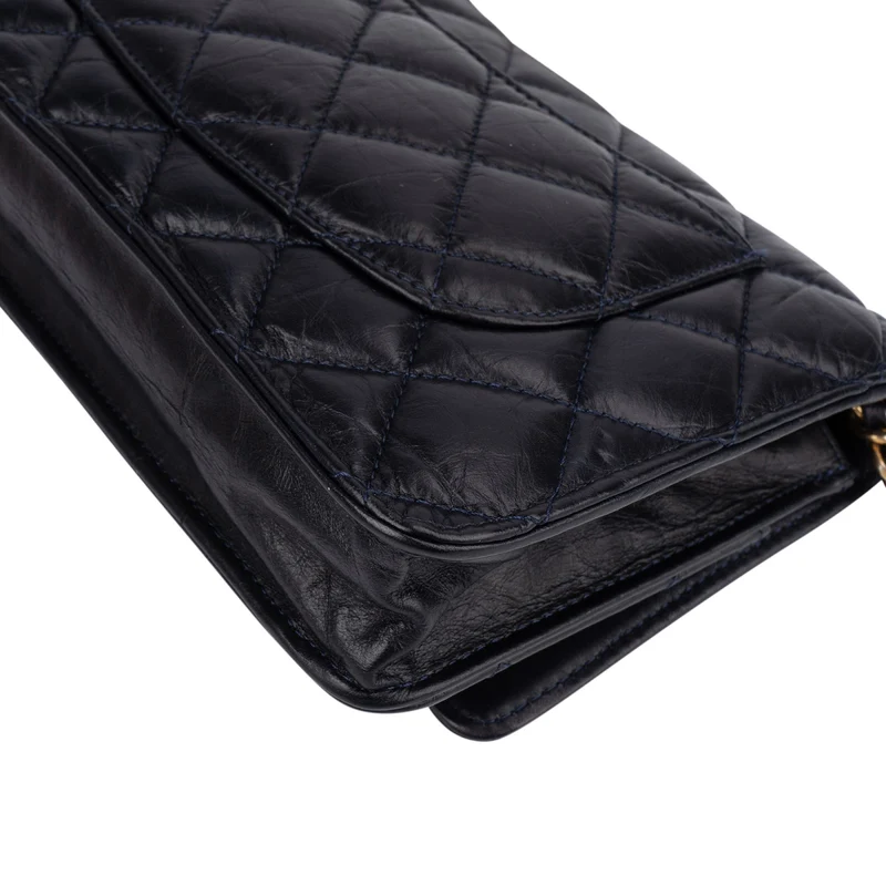 Chanel Quilted Crinkled Navy Lambskin 2.55 Reissue Wallet On Chain Crossbody Bag