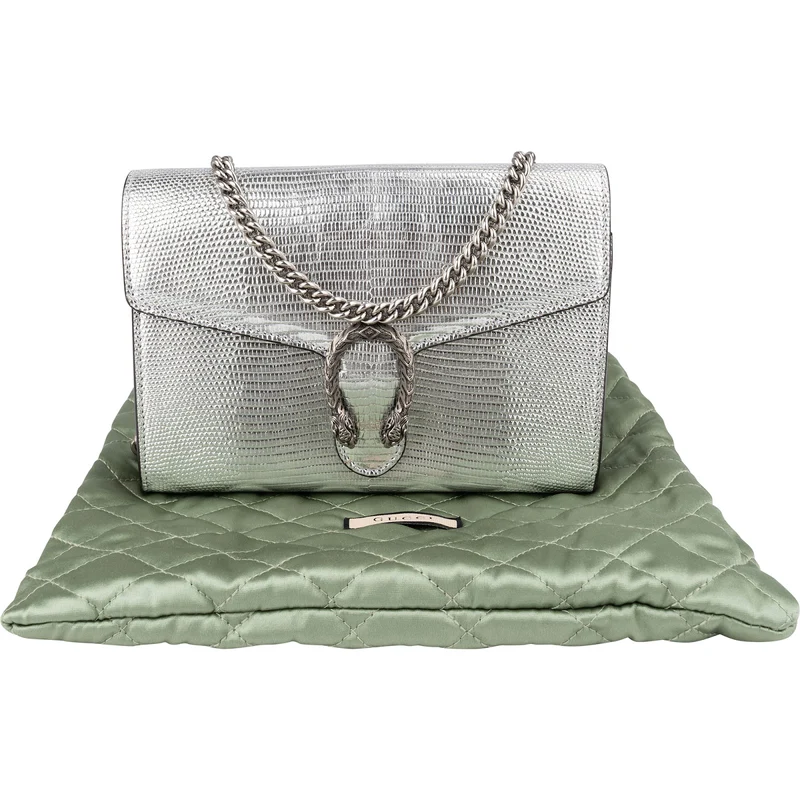 Gucci Lizard-Embossed Metallic Leather Dionysus Wallet On Chain Crossbody Bag