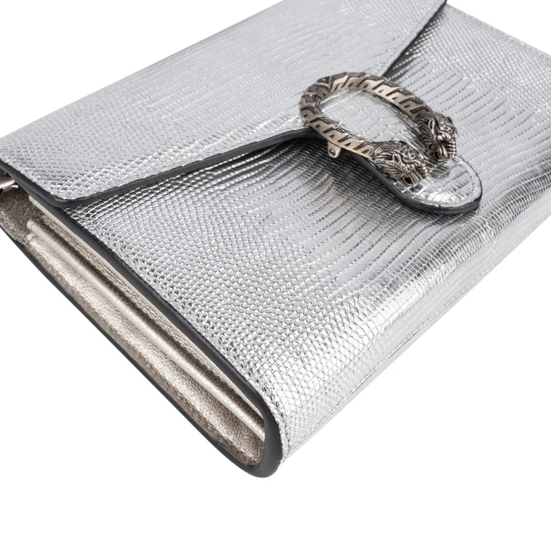 Gucci Lizard-Embossed Metallic Leather Dionysus Wallet On Chain Crossbody Bag