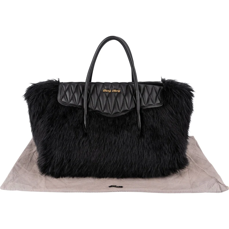 Miu Miu Faux Fur Matelassé Nappa Leather Tote Handbag