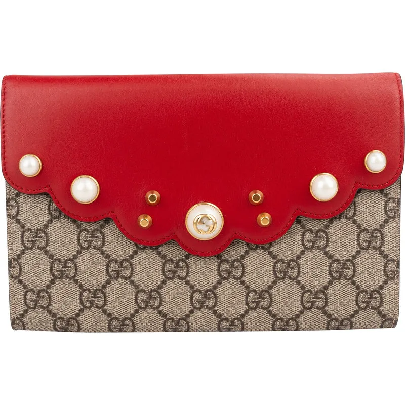 Gucci Monogram GG Supreme Pearl Studded Wallet Clutch