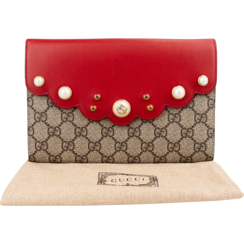 Gucci Monogram GG Supreme Pearl Studded Wallet Clutch